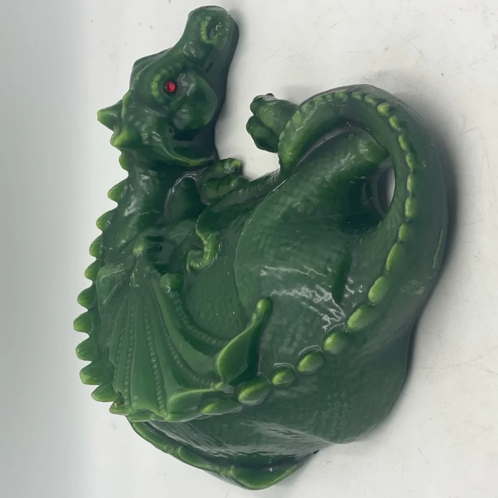 Vintage Unburnt Wax Candle Mythical Green Dragon Shaped Reptile w/Red Glass Eyes